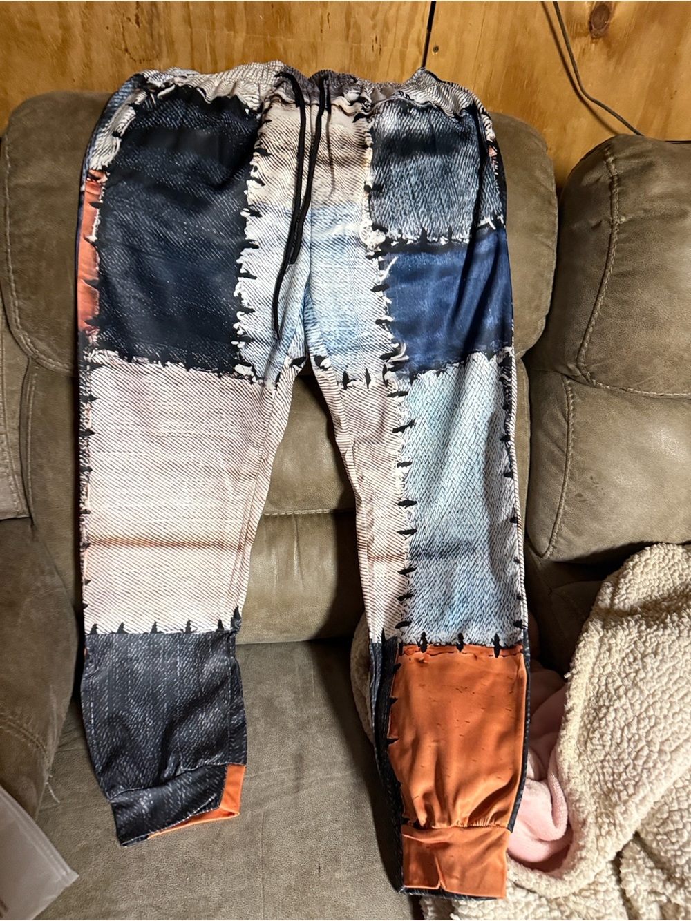 Patchwork Print Jogger Pants in Denim Blue and Rust